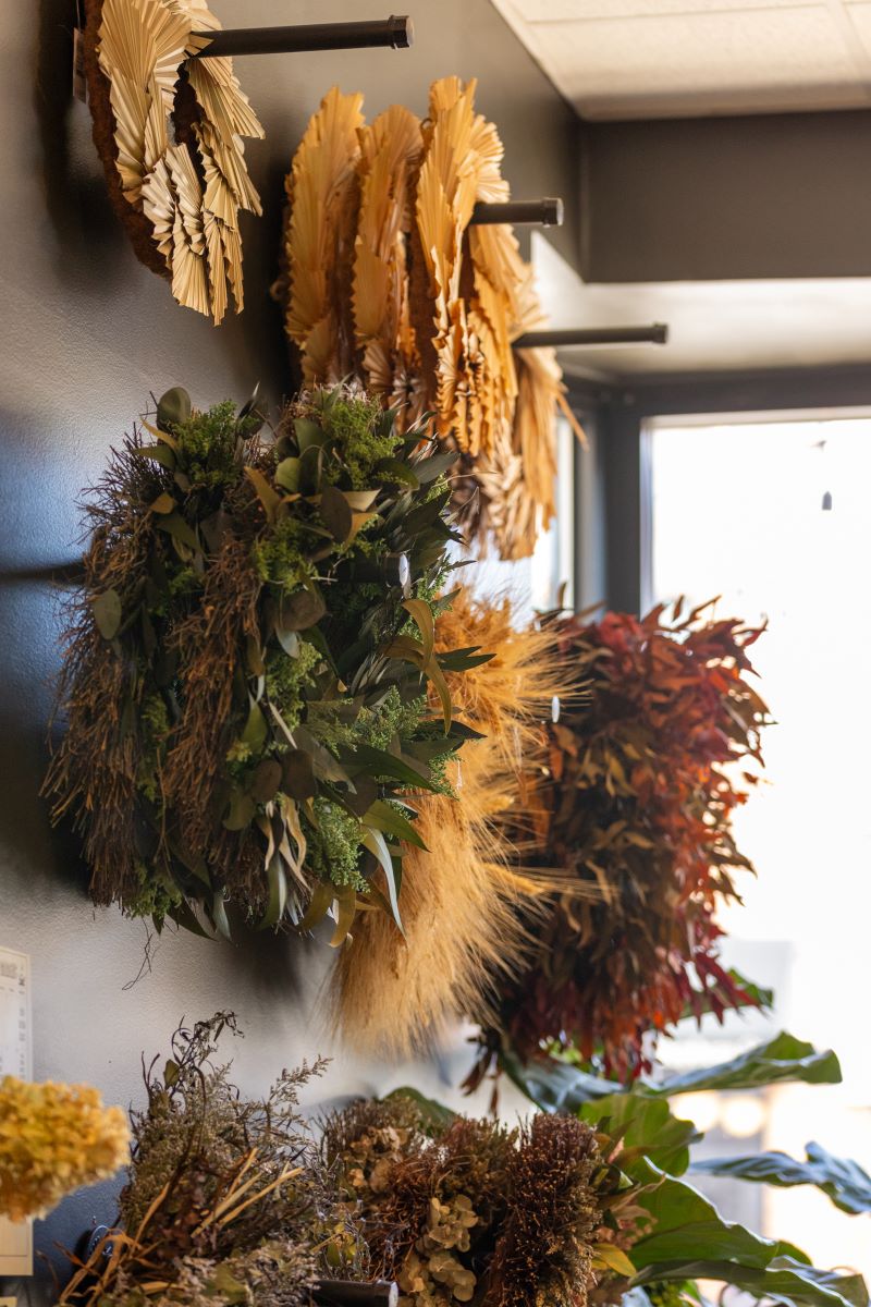 Different plant wreaths are hanging on a wall that are a variety of different colors such as red and green and wheat colored 