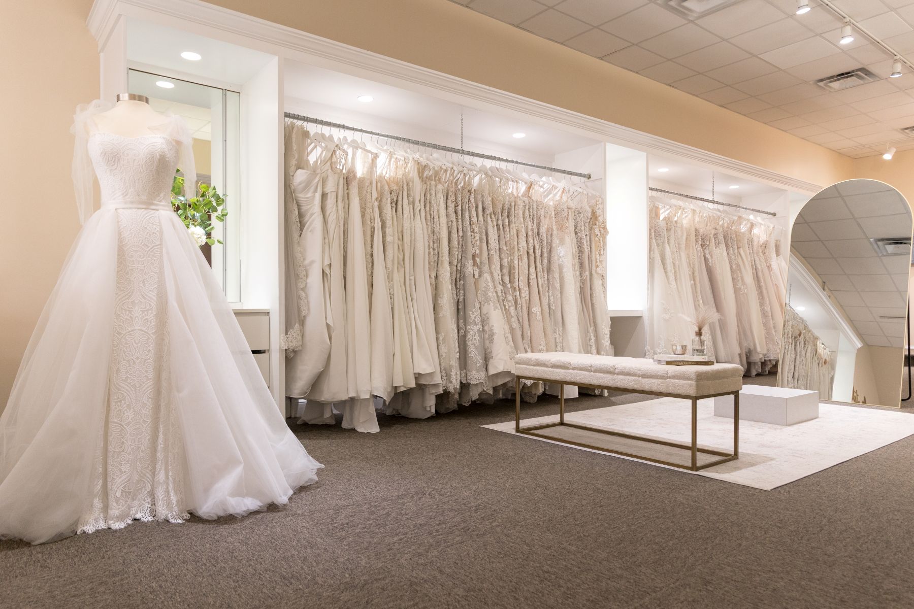 white wedding dresses inside of martellen's bridal in lemont illinois 
